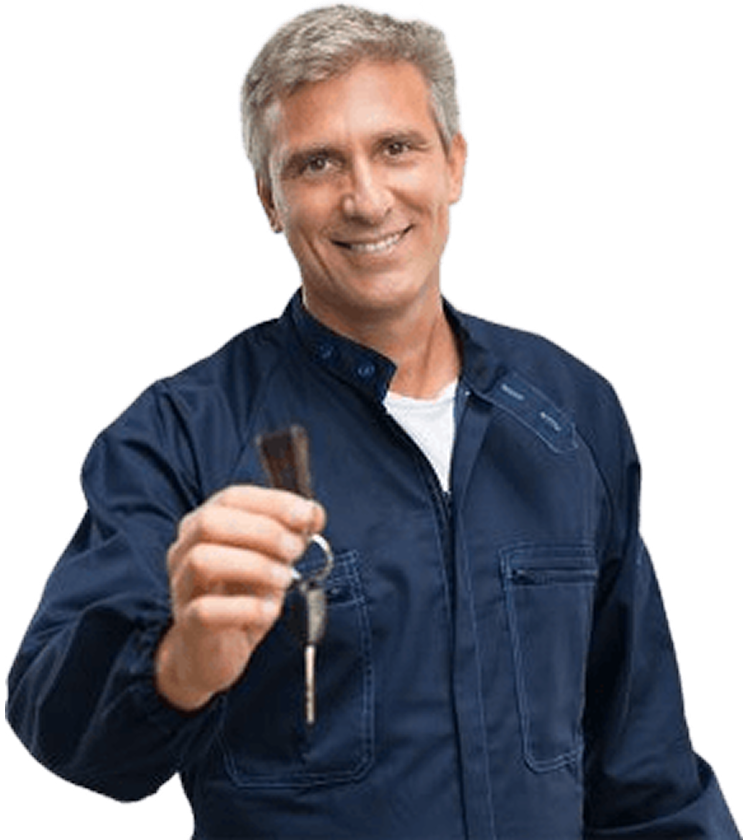 locksmith man wearing in blue uniform holding a key
