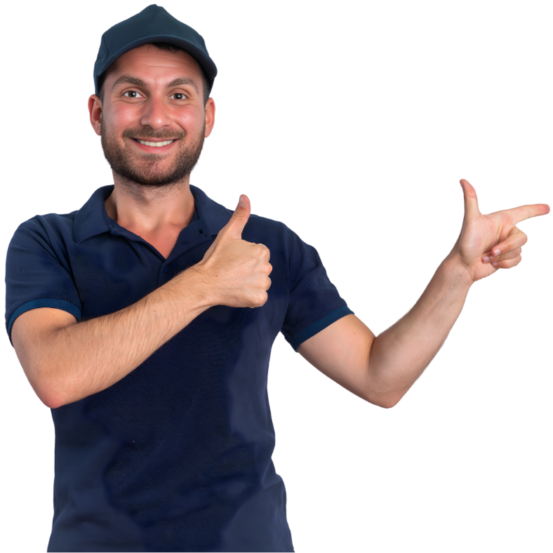 Locksmith smiling and pointing beside