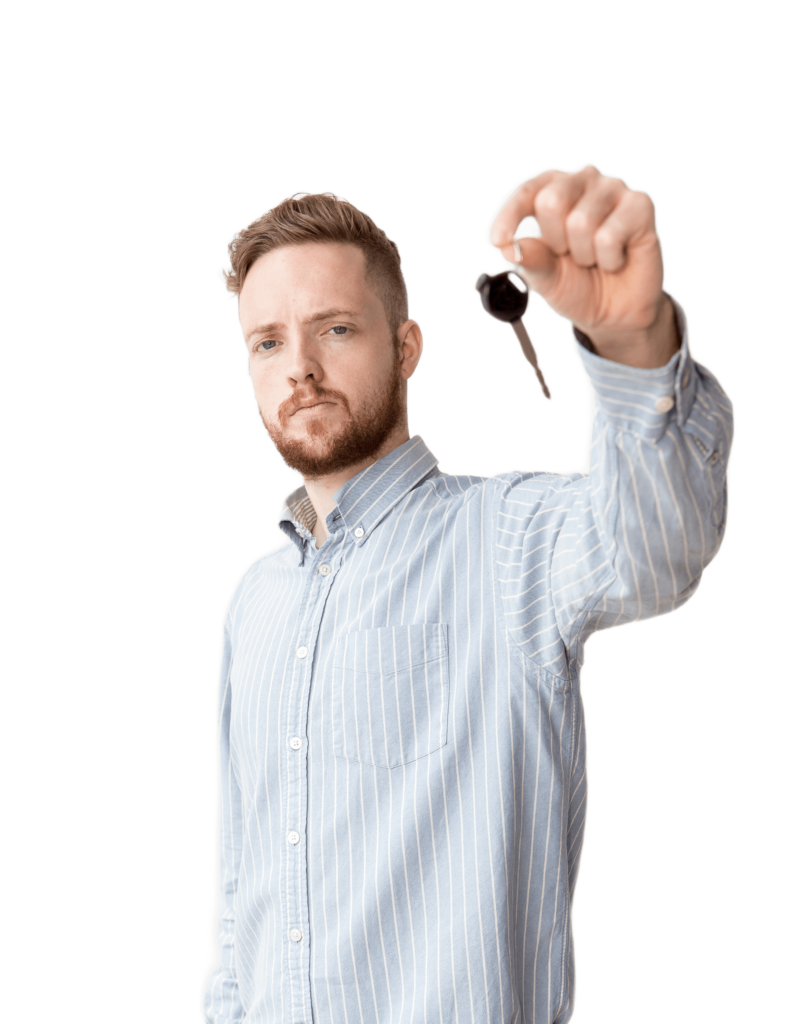 Lost Car Key Replacement Bellerose NY portrait serious young businessman showing key while wearing stripes longsleeve polo