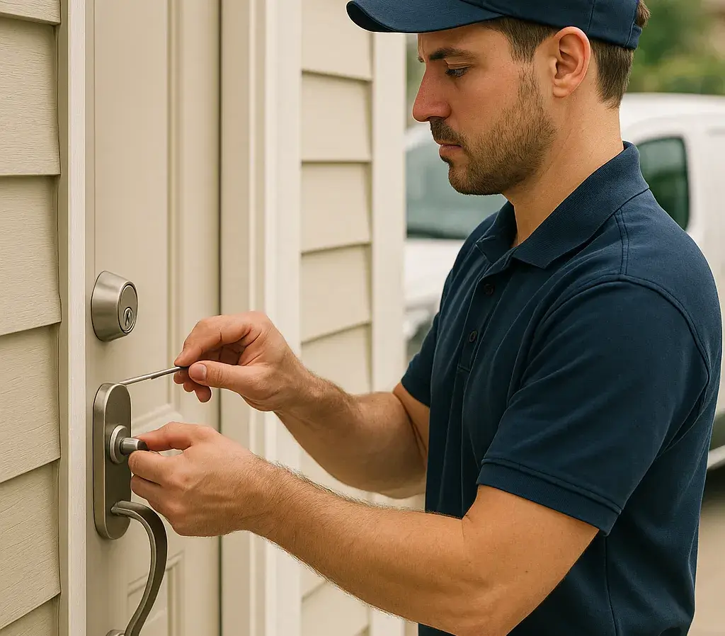 Residential Locksmith in nassau county holding a screw in front of door