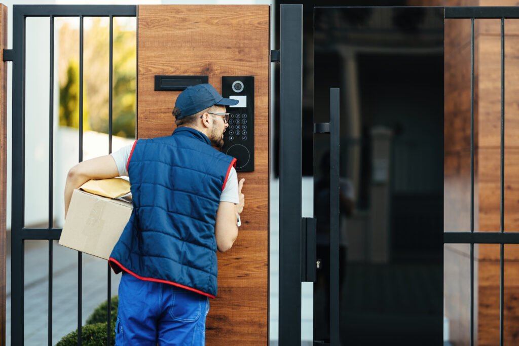 a man in front of the digital lock and gate