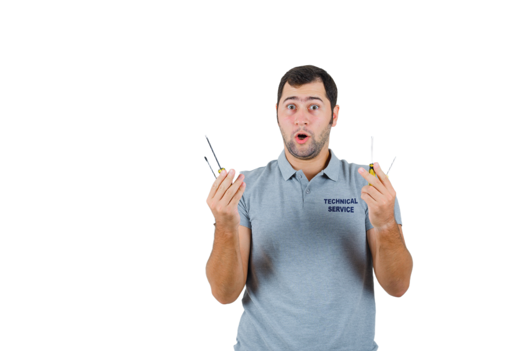 lock replacement Bellerose NY young technician grey uniform holding screwdrivers looking surprised