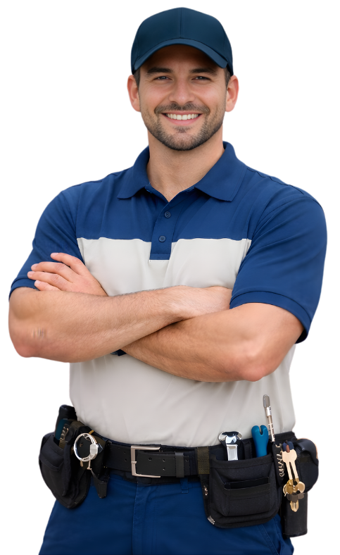 locksmith wearing a bealt with tools crossing his arm