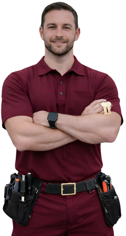 Commercial lock repair and replacement Bellerose NY man wearing all red and tools belt