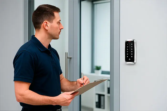 locksmith taking note in front of access control